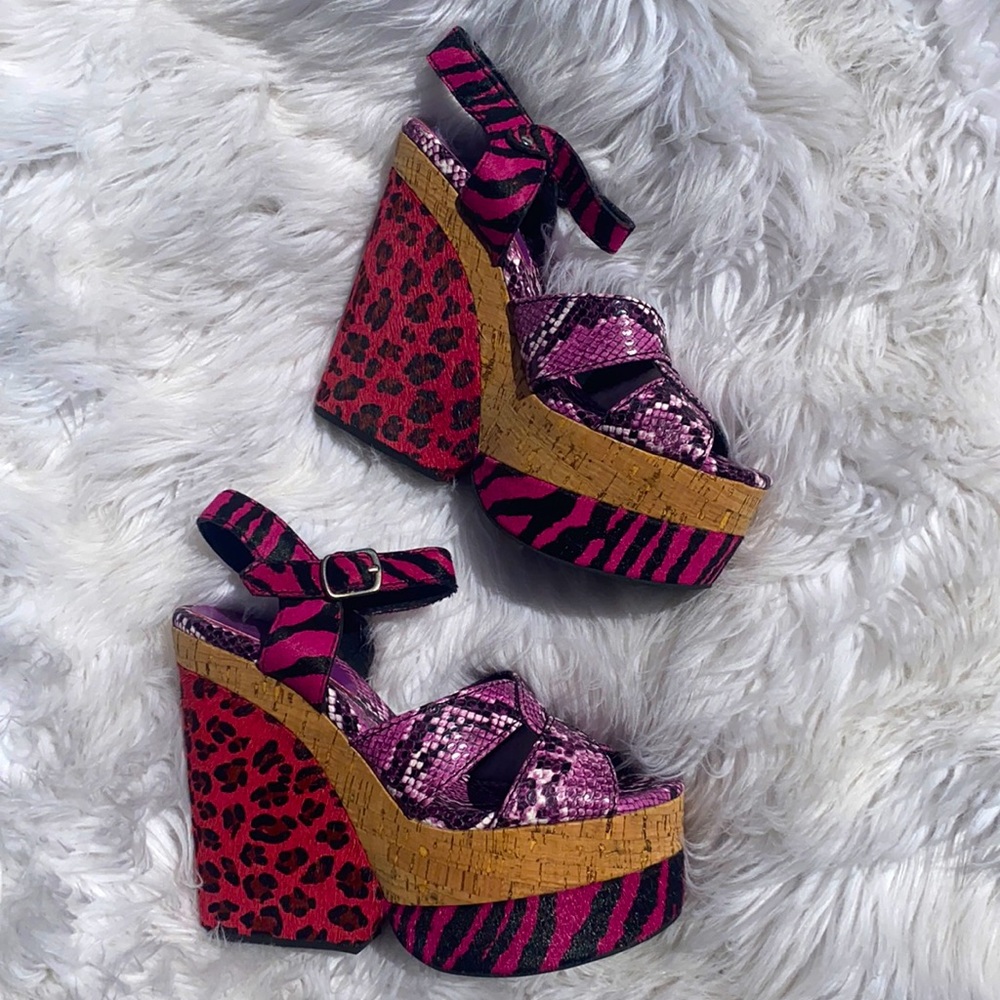 Jeffrey Campbell • Leather Kitsch Colorful Animal Print Cork Wedges - Picture 2 of 10